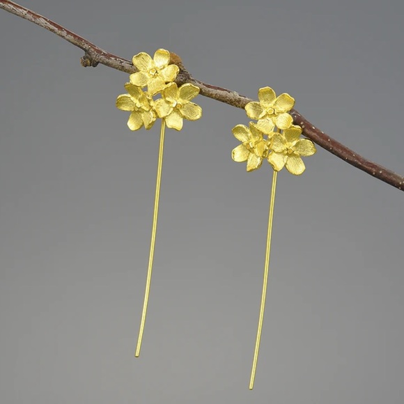 Artisan Handmade 925 Sterling Silver Gold Flower Earrings - Picture 1 of 6